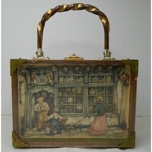 Vintage Anton Pieck Clock Shop 3-D Shadow Box Wood Box Purse 1960's Felt Lining
